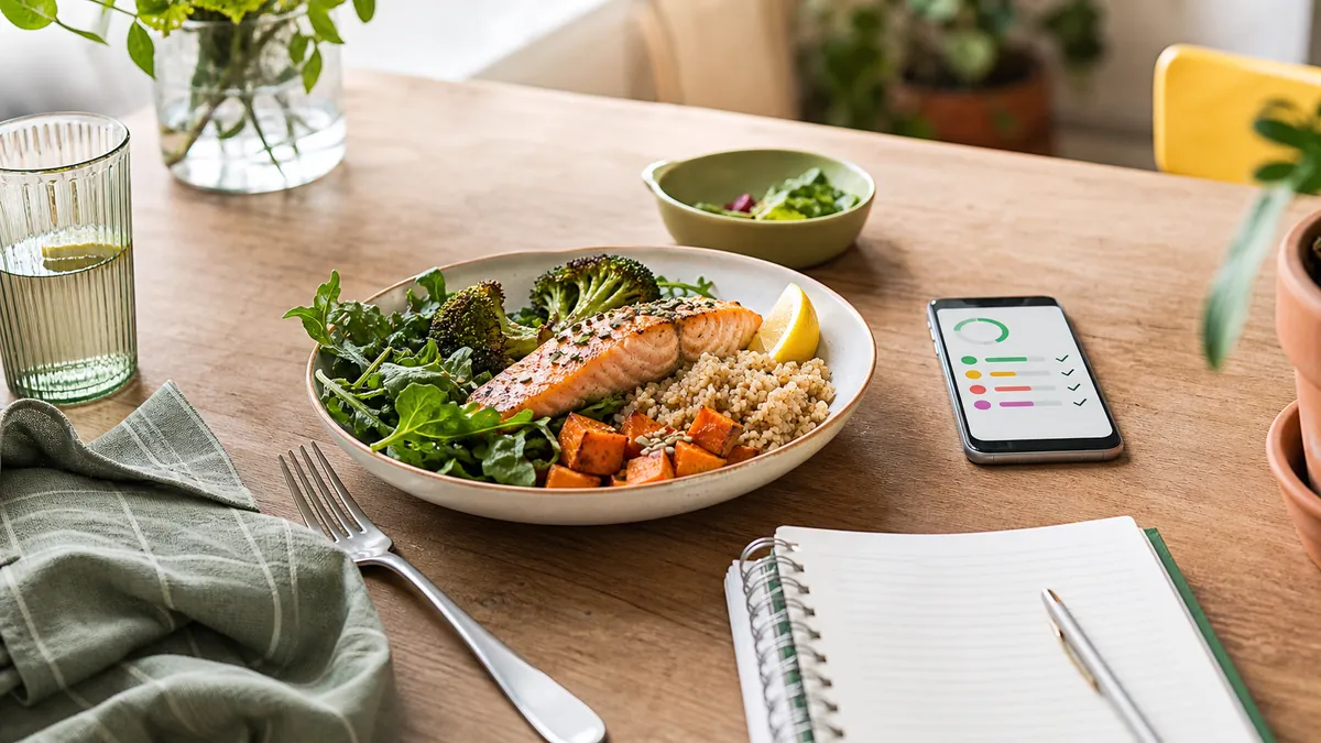 Calm meal tracking scene with phone, notebook and everyday food.