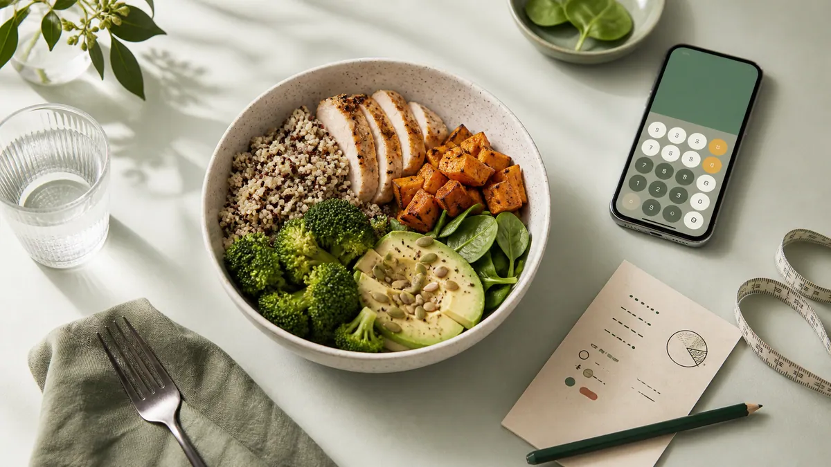 Everyday objects illustrating a calorie-needs estimate.